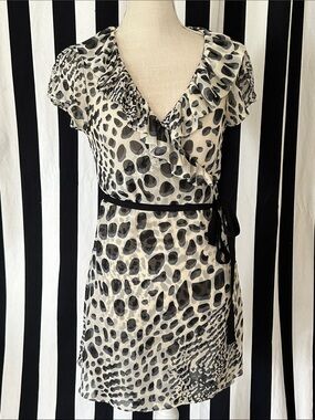 Black & White Animal Print Ruffle Wrap Mini Dress